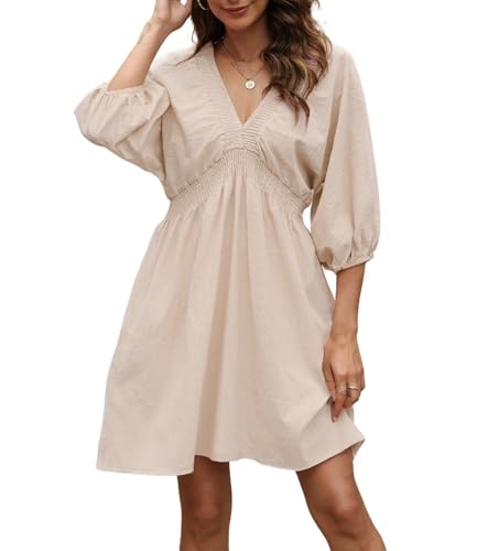 Image of Ladyful Women's Cotton Linen Mini Dress Summer 3 /4 Sleeve Deep V Neck Casual Lining Flowy Tunic Dress Short Sundress