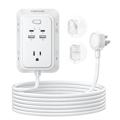10ft Flat Plug Extension Cord, VINTAR Multi Outlet Extender with 5 Outlets and 4 USB Ports (2 USB-C), 3-Sided Wall Mount Charger, 1800J Surge Protector Power Strip for Home, Office, College Dorm