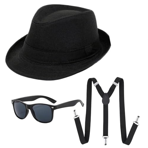 Disfarce de gangster dos anos 20, 3 peças, acessórios para homem, chapéu preto, óculos, gravata, bigode dos anos 20, conjunto de acessórios para carnaval, Halloween