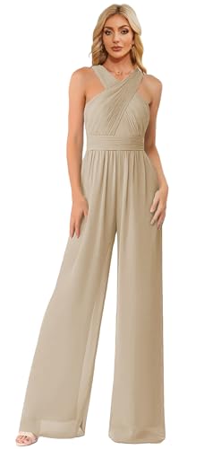 Zoghoo Formal Jumpsuit for Women Wedding Guest Chiffon Bridesmaid Dress Champagne Long Pants Rompers Size 10