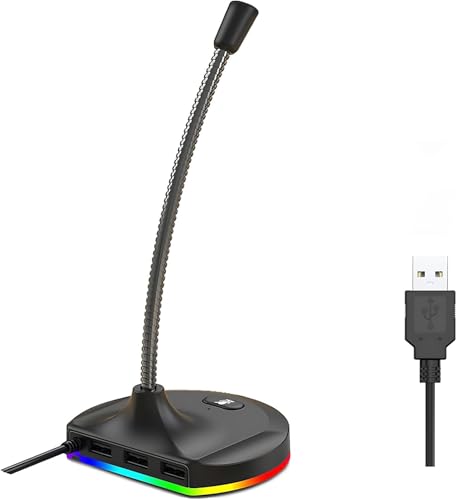 Image of ETZIN USB Computer Microphone with Mute Button and RGB Lighting,Plug&Play USB 3-Port Hub Mic for Conference,Gaming,You,Desktop PC Mic for -Black- EPL-1534UG