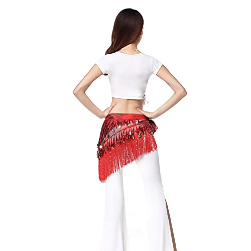 Image of VRITRAZ Women's Chiffon Belly Dance Hip Scarf Waistband Belt Skirt Mixed Colors Sequence Beads and Coins