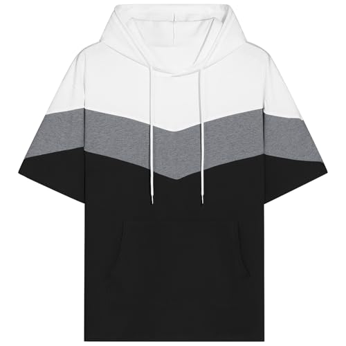 Mens Short Sleeve Hoodie Soft Cotton Color Block T-Shirt Pullover Big Pocket Half Sleeve Summer Sweatshirt