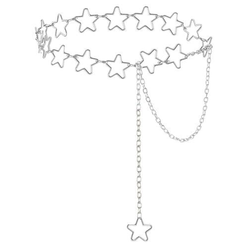 Waist Chain, Silver Star Waist Chain Belt Adjustable Link Belt Metal Waists Chains Women Fashion Accessory for Dresses Skirts Jeans Women Girls Ladies