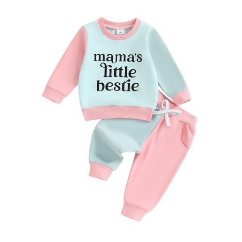 Geagodelia Toddler Baby Girl Spring Fall Clothes Outfit Mamas Little Bestie Sweatshirt Jumper Top Trouser Jogger Co Ord Clothing Set (Green, 2-3T)