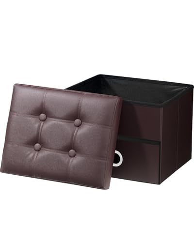 AmasSmile Storage Ottoman Foot Rest Stool, 17 inch Leather Folding Footstool Bench, Short Ottoman Bench, Storage Foot Rest Store, Books, Brown