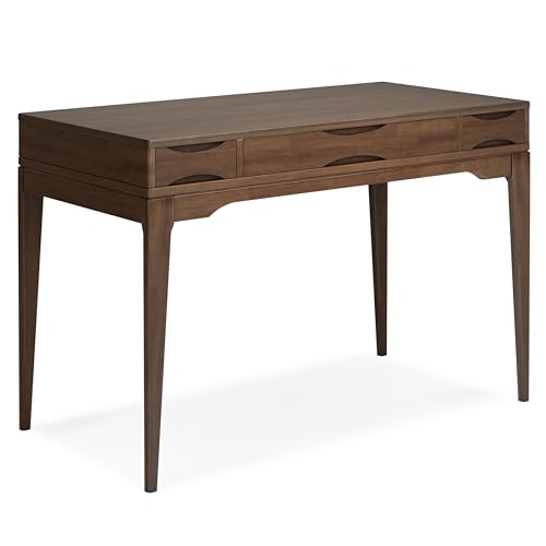 Image of SIMPLIHOME Harper Small Desk - 48 Inch Wide Solid Hardwood Writing Desk in Walnut Brown, Mid-Century Modern Home Office Computer Table for Study with 2 Drawers and Flip-Down Keyboard Tray