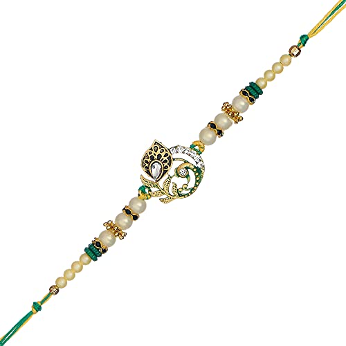 Image of eCraftIndia Designer Mor Pankh Rakhi and Roli Chawal Pack, Green::Gold, One Size (D936P6)