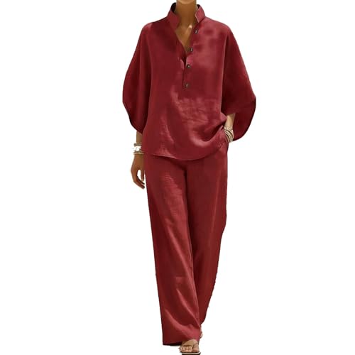 Conjunto de lino y algodón con manga murciélago y pantalón de pierna ancha casual