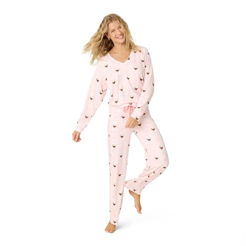 PJ Salvage Women's [Amazon Exclusive] Cloud Jersey Open-Bottom Pajama 2-Piece PJ Set, Blush, Medium
