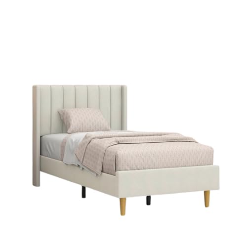 Image of Modern Upholstered Single Size Bed Without Storage | Single Size Bed for Bedroom with Headboard | Palang Furniture for Guest Room, Hotels and Home | Cream, (Cream)