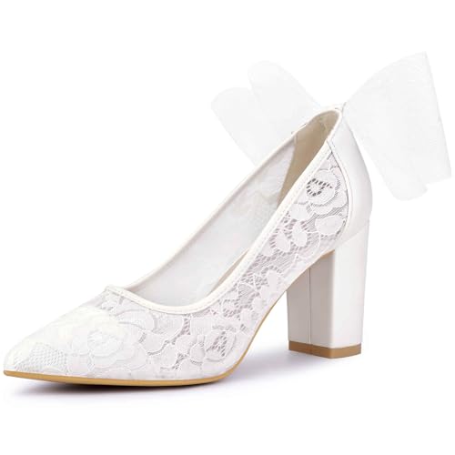 Perphy Pointed Toe Bow Bridal Block Heel Lace Pumps for Women
