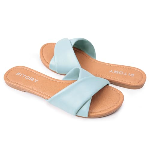 Image of FITORY Women's Flat Sandals Fashion Slides With Soft Leather Slippers for Summer Size 6-11