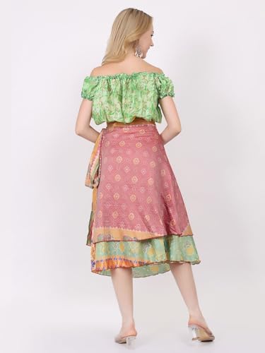 Sari Silk Wrap Skirt Stunning Mini, Maxi Wrap Styles in Regular Skirt (US, Alpha, One Size, Regular, Regular, 47 INCHE WAIST-30 INCHES Long, Set of 5Pc Assorted Colors & Designs)