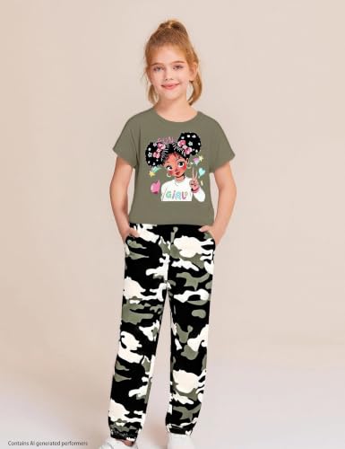 Image of mksodop Girls Outfit Set Graphic T Shirt and Camo Jogger Pants Cute Casual Clothes for Girls 5-16 Years