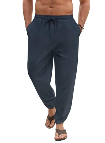 Voqeen Pantaloni Uomo Estivi Pantaloni Larghi in Cotone Casual da Spiaggia Pantalone Leggero dalla vestibilità Ampia Pantaloni Chino con Elastico in Vita E Gambe Larghe con Tasche