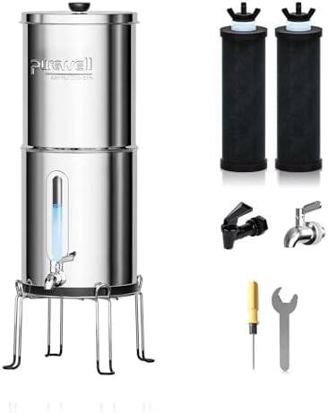 Purewell 1.5G Gravity Water Filter System, 3-Stage 0.01μm Ultra-Filtration Stainless Steel Countertop System with 2 Filters and Stand, Reduce 99% Chlorine, PW-MKS