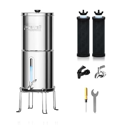 Purewell 1.5G Gravity Water Filter System, 3-Stage 0.01m Ultra-Filtration Stainless Steel Countertop System With 2 Filters And Stand, Reduce 99% Chlorine, PW-MKS