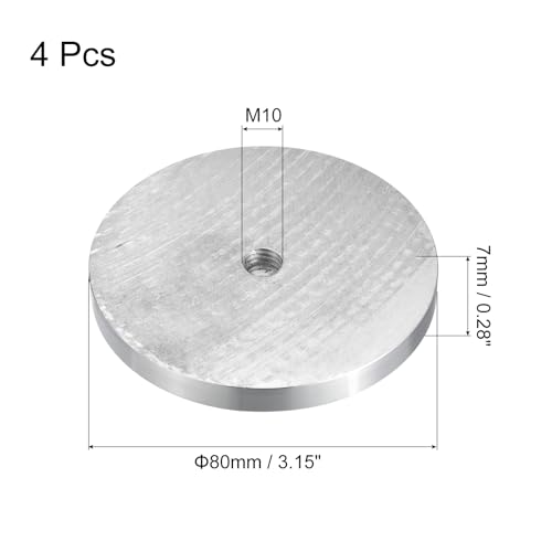 sourcing map M10 Gewinde 80mm Durchmesser Runde Form Aluminium Scheibe Hardware 4 Stück, Aluminium Kreis Scheibe Glasplatte Adapter für Glastisch