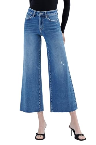 VERVET Women's High-Rise Slightly Distressed Raw Hem Wide Leg Jeans