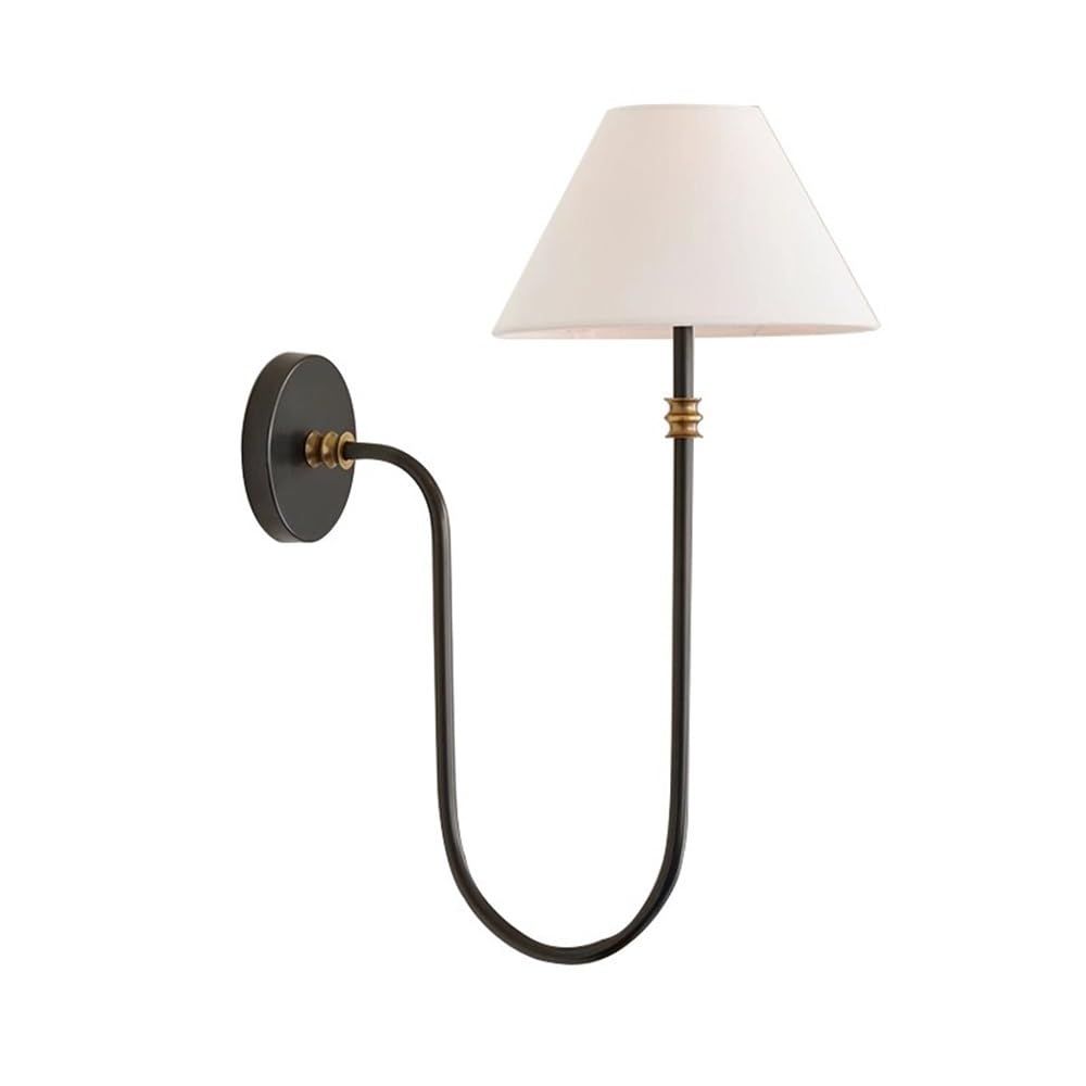 LYOUAE Modern Minimalist Gooseneck Wall Sconce Nordic Fabric Shade Indoor Wall Light Elegant Black & Gold Brass Bedside Lamp for Bedroom Living Room Hallway