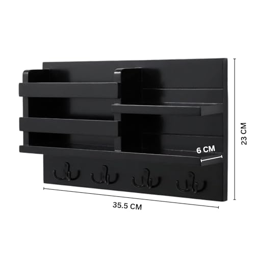 Image of Key Holder for Wall with Mail Shelf & 4 Hooks | Engineered Wood (Blackk, Elegant Mail Organizer - 35.5 x 9 x 23 cm)