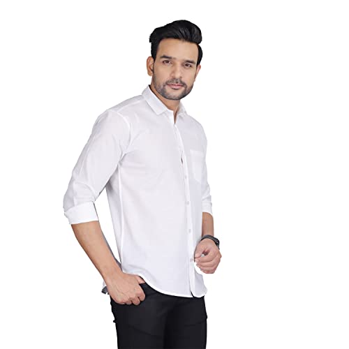 Image of Men's Solid Slim Fit Cotton Casual Shirt with Spread Collar & Full Sleeves