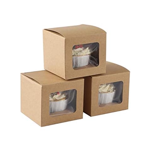 Komonee 12 x Cupcake Boxes Individual Kraft Brown Single Fairy Cake With Clear Window Cardboard Packaging Box Baking Kids Muffins Cookies Weddings Cover