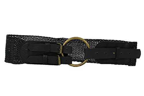 TFJ Women's Boho Fashion Belt Braided Faux Leather Big Gold Metal Hoop Buckle Medium