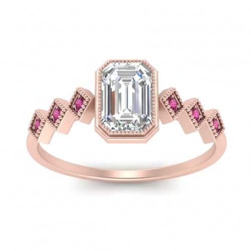 Image of Choose Your Gemstone Bezel Set Emerald Accented Diamond CZ Ring Rose Gold Plated Emerald Shape Side Stone Engagement Rings for Women, Girls and Ladies US Size 4 to 12