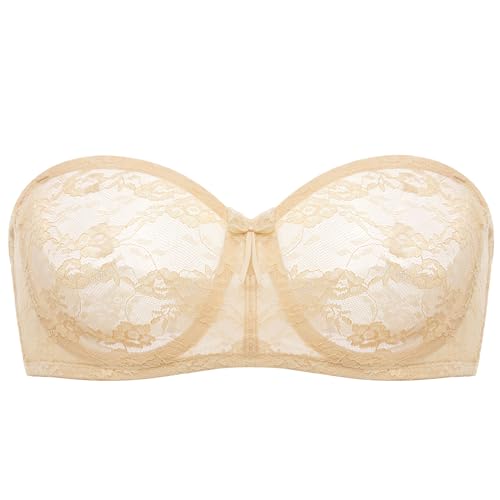Image of DOBREVA Women's Strapless Lace Bras Unlined See-Through | Underwire, Floral Lace, Sexy, Sheer, Soft, Bow, Multiway, Comfort