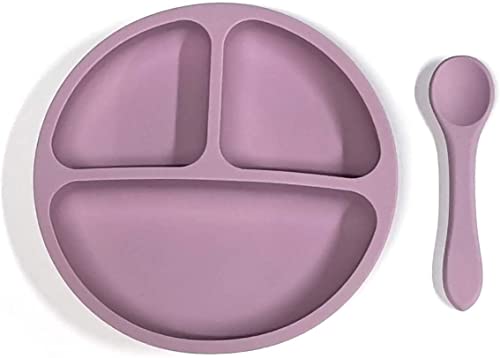 kidoo - Juego de Vajilla para Bebés en Silicona, Set de Alimentación Infantil, Plato Dividido + Cuchara, Libres de BPA, Accesorios de Aprendizaje y Destete (Violeta)