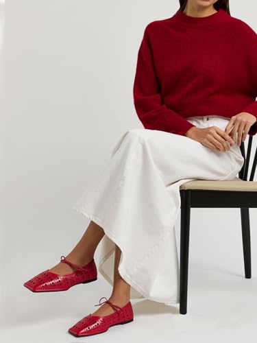 Image of Lace up Ballet Flats Women Square Toe Mary Jane Flats Bow Slip On Comfortable Ballerina Shoes