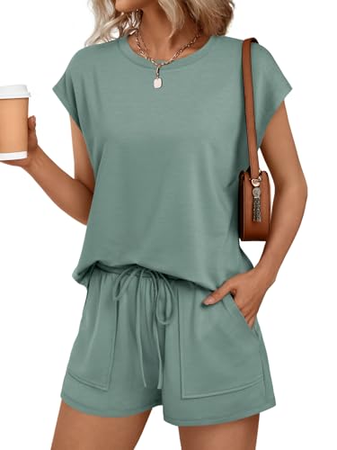 Image of AUTOMET Womens Crew Neck Two Piece Short Sets Cap Sleeve Drawstring Summer Sweatsuit with Pocket