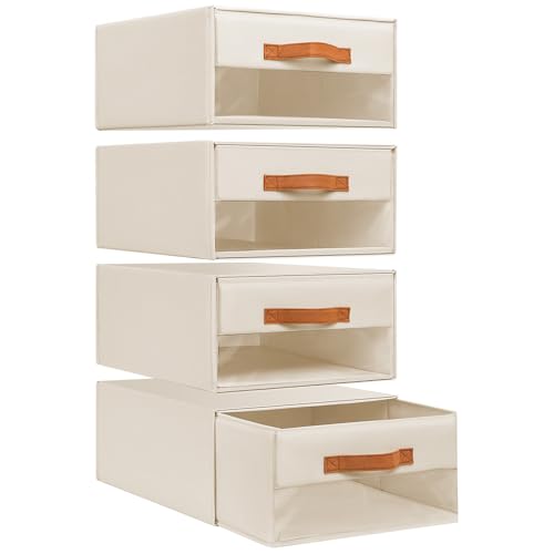 DIMJ Closet Organisers Storage Drawers - Pull-Out Storage Boxes with Drawers Foldable Stackable Storage Drawers Units with Clear Window for Bedroom, Living Room, 4-Pack, Beige