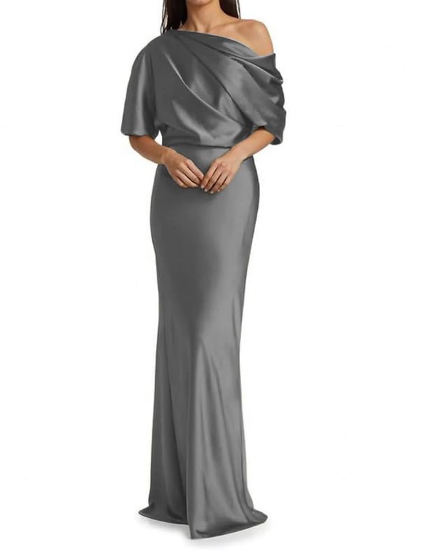 Image of Mermaid Satin Mother of The Bride Dresses for Women Ruched One Shoulder Formal Evening Gowns