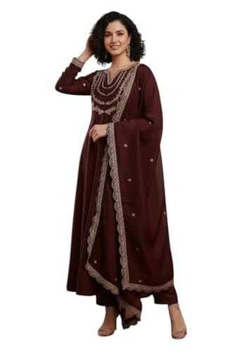 Robe ethnique Anarkali marron Kurta femme en soie vêtement traditionnel indien brodé taille S