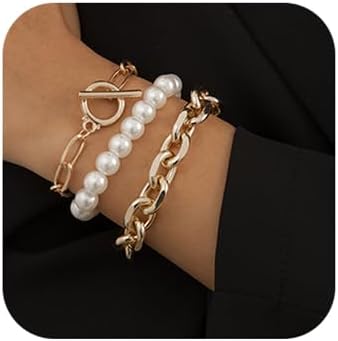 JWICOS Pulsera redonda de perlas de imitación con clip de cadena gruesa con cierre de palanca OT para mujeres y niñas, juego de 3