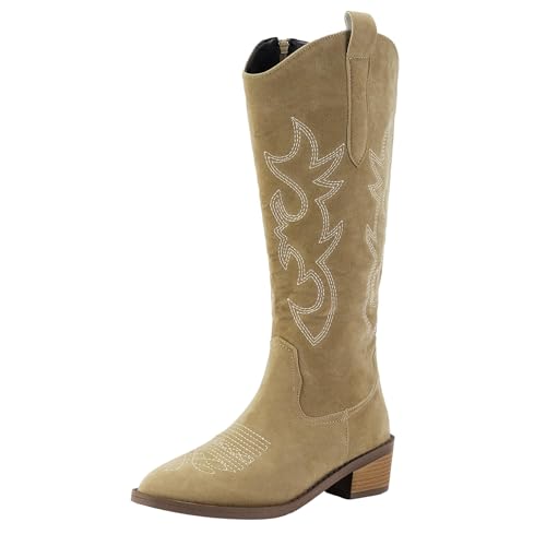 Womens Embroidered Western Cowboy Boots Pointed Toe Chunky Heel Mid Calf Boots Side Zipper Retro Riding Boots