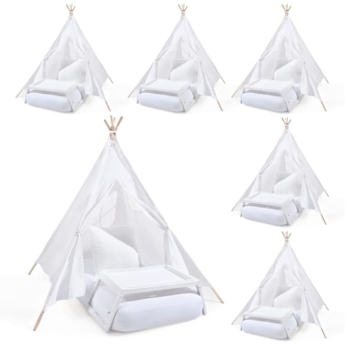Wesnoy 4 Sets Kids Teepee Tent with Inflatable Airbed, Bed Tray Table, Fitted Sheet and Pillow Insert Toddler Play Tent for Boy Girl Indoor Outdoor Slumber Sleepover Party