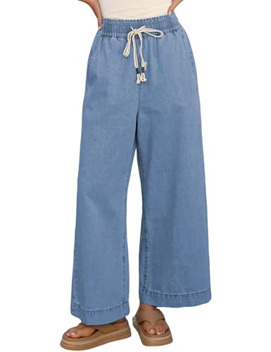 Springrain Wide Leg Jeans for Women High Waisted Elastic Drawstring Baggy Denim Pants with Pockets
