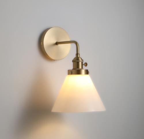 Image of Vintage Brass Gold Finish Wall Sconce with Milk Glass Shade for Bathroom, Kitchen & Bedroom Lighting (Bulb Included)