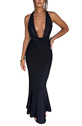 LuFeng Women's Sexy Sleeveless Summer Dress Backless Deep V Neck Halter Bodycon Maxi Party Dress