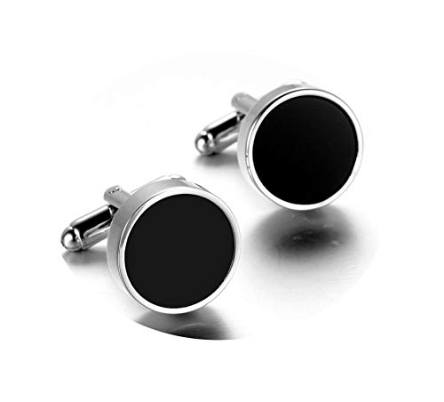 Mancuernillas redondas lisas plateadas y negras para hombre miniatura 1