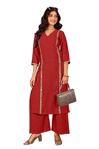 Image of Women Straight-Cut Kurta Pant Set with Subtle Golden Lace Embellishment | Elegant Ethnic Wear for Festive, Office & Casual Use