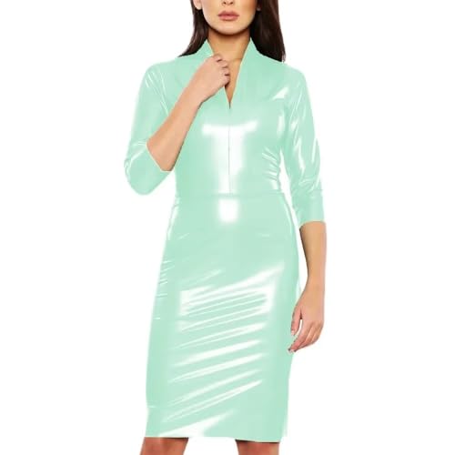 Robe en PVC pour femmes chic décontractée col en V robe mi-longue de bureau
