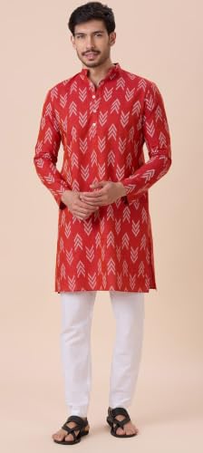 Image of Studio Shringaar Men's Cotton Blend Relaxed Fit Ikat Printed Knee Length Kurta
