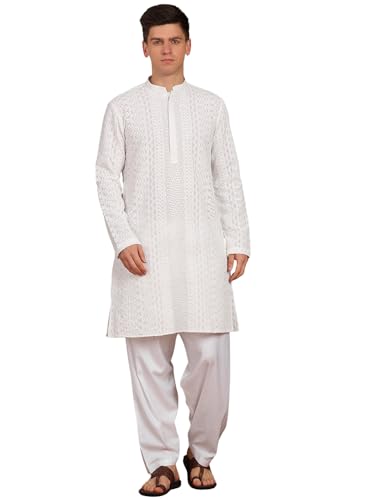 Image of See Designs Men's Full Sleeve Mandarin Collar Chikankari Embroidered Straight Kurta with Salwar