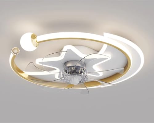 Ventilador de techo moderno con diseño de estrella y luna, redondo, con control remoto, atenuación de tres colores, estilo nórdico azul, silencioso e invisible, para dormitorio infantil, color dorado.
