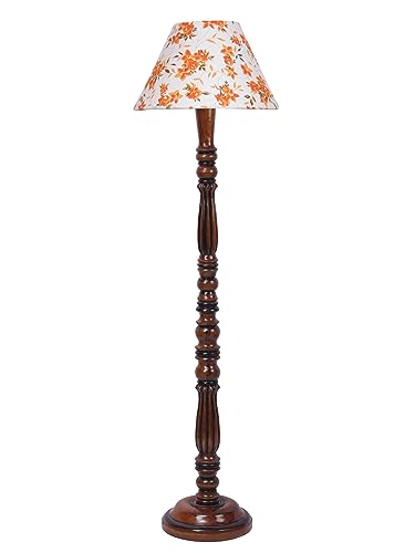 Image of Floor Lamp with Wooden Base - Height 55 Inch, Orange Floral | Modern Standing Lamp for Living Room, Bedroom & Office | Stylish & Elegant Home Lighting Decor | Decorative Lamp